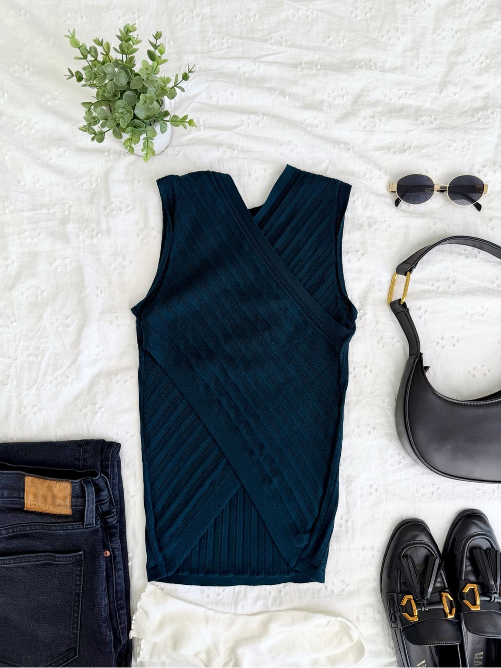Theory Dark Teal Ribbed Sleeveless Tank Top